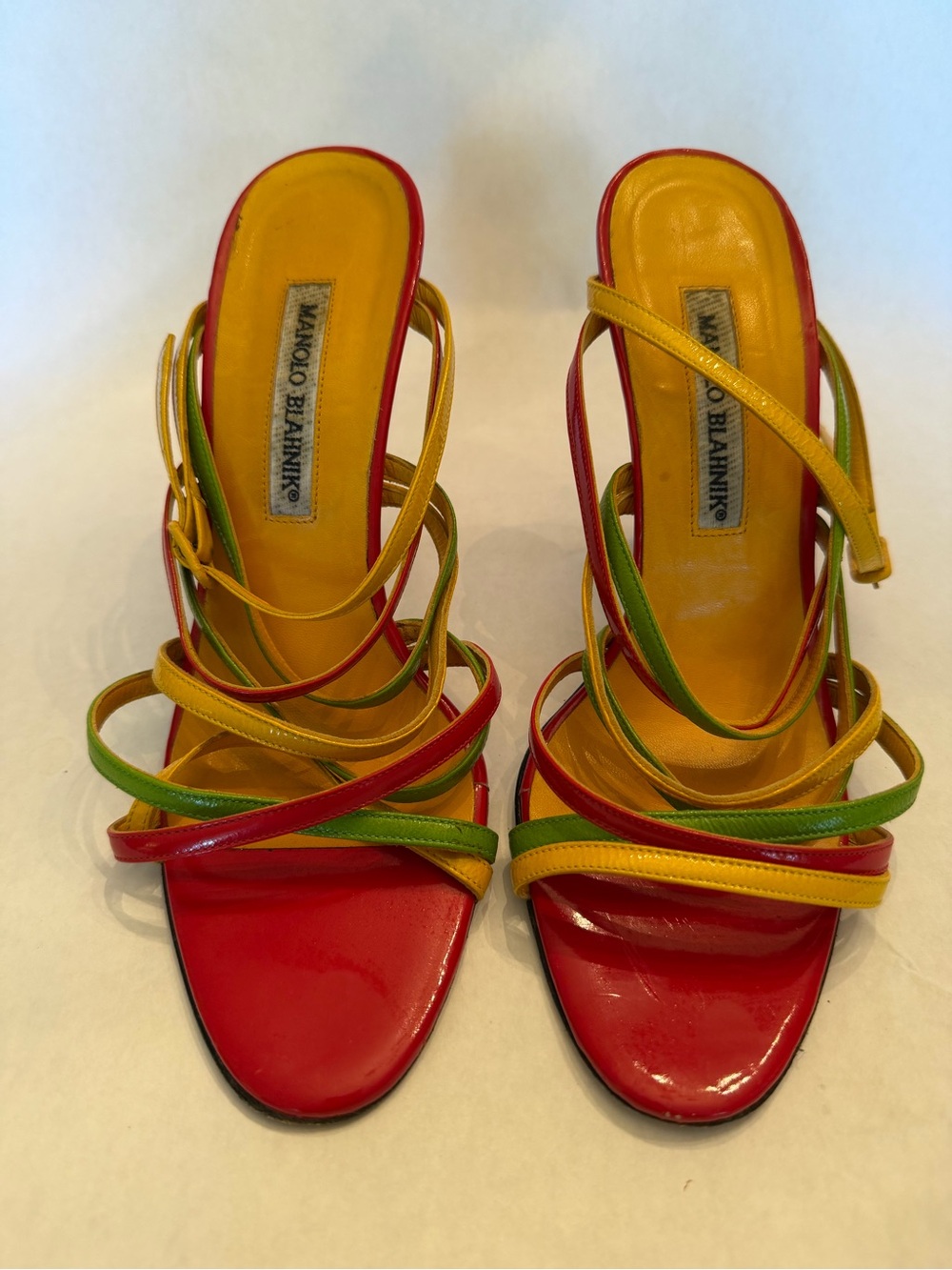 Manolo Blahnik Red, Yellow & Green Multi‑Strap Heeled Sandals